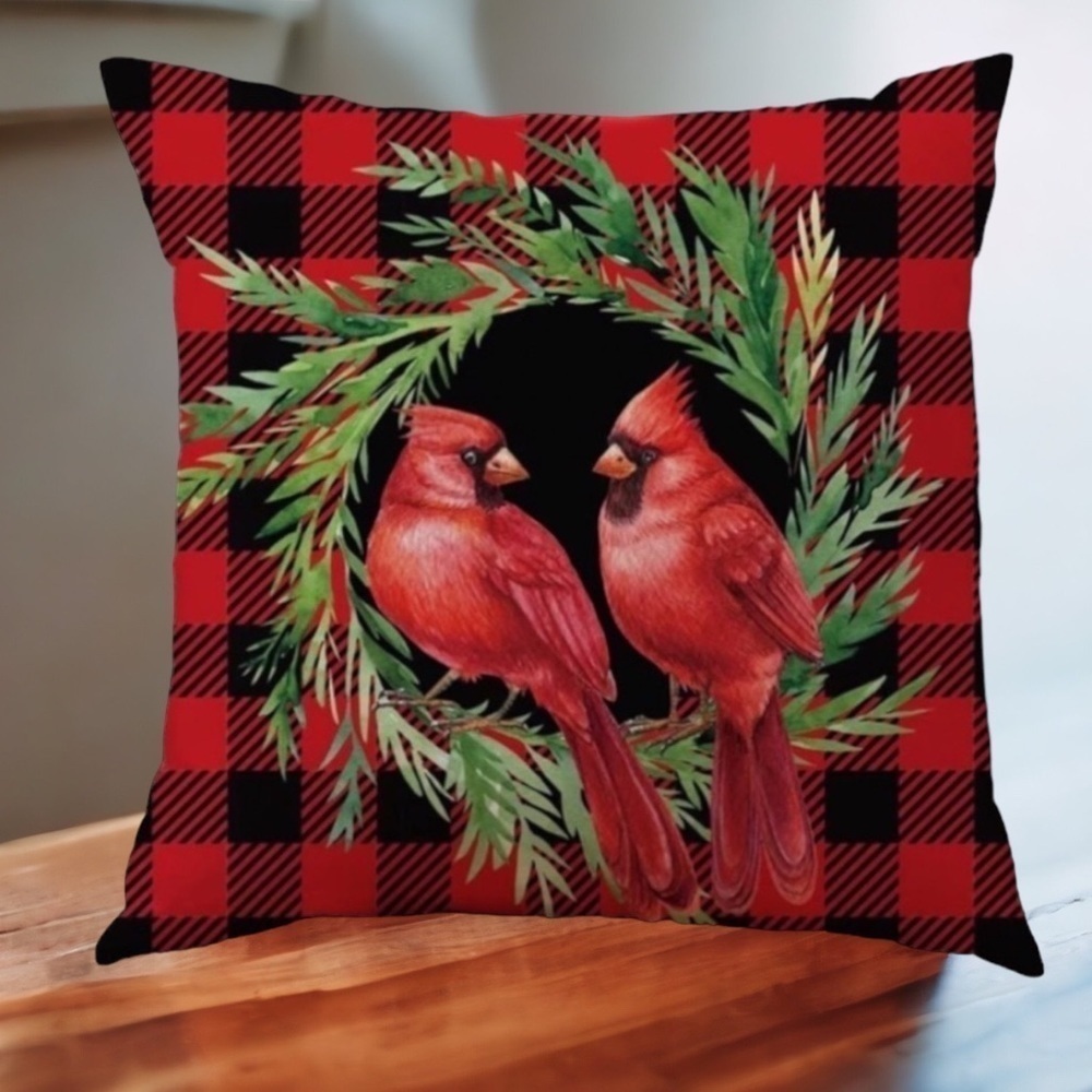 Pillow Cover Bird Cardinal Christmas Holiday Buffalo Check Plaid Square 17.5 in
